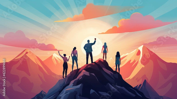 Obraz Successful Teamwork on top of a mountain at sunrise. Business Success Concept. Illustration