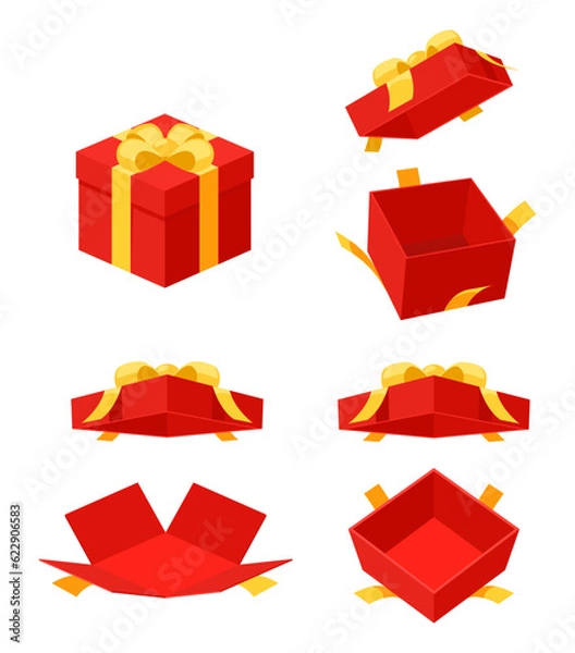 Fototapeta Open and close a mystery Red gift box with a yellow ribbon on white background. Random secret loot box isometric concept. Vector illustration cartoon flat design.