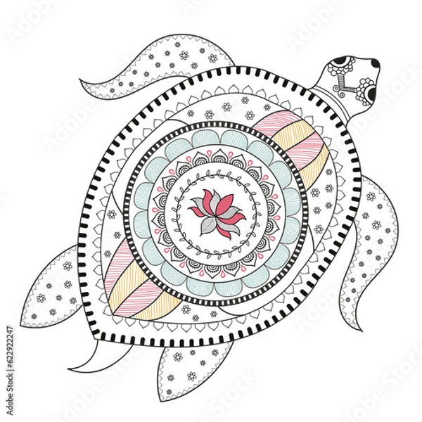 Fototapeta Hand drawn Turtle with detailed decorative Mandala elements. Coloring with high details isolated on white background, vector illustration. Motifs. Madhubani style