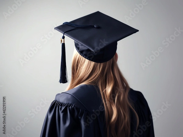 Obraz A female student in a study gown and a square academic cap, viewed from the back in close-up and on an isolated background. Generative AI