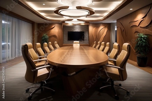 Fototapeta A business conference room in warm and wood tones. Great for articles and presentations about business, finance, meetings, teams, marketing and more. 