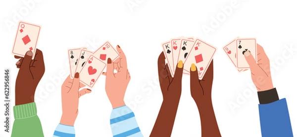 Fototapeta Vector set of isolated flat illustrations of people hands holding playing cards.