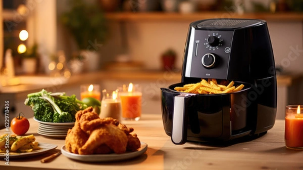 Fototapeta an airfryer on a table next to chicken and fries
