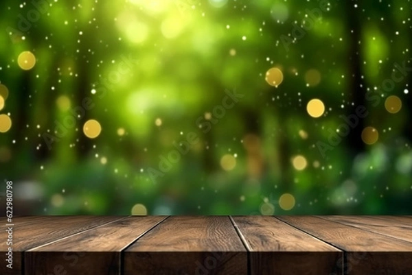Fototapeta An empty table surface and green foliage in the background. Copy space. Generative AI.