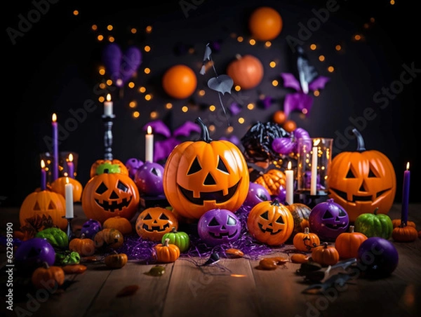 Obraz Trick or treat party and Pumpkin Jack-O-Lantern surrounded by halloween decor