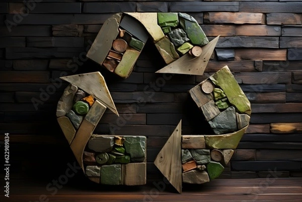 Fototapeta Recycling symbol made of wood on wooden background. Recycling concept