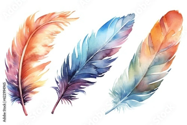 Fototapeta Watercolor Fantasy feather Clip art on white background Generative AI