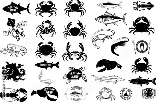 Fototapeta seafood menu labels set. Design elements for logo, label, emblem, sign, brand mark, restaurant menu, poster. Vector illustration.