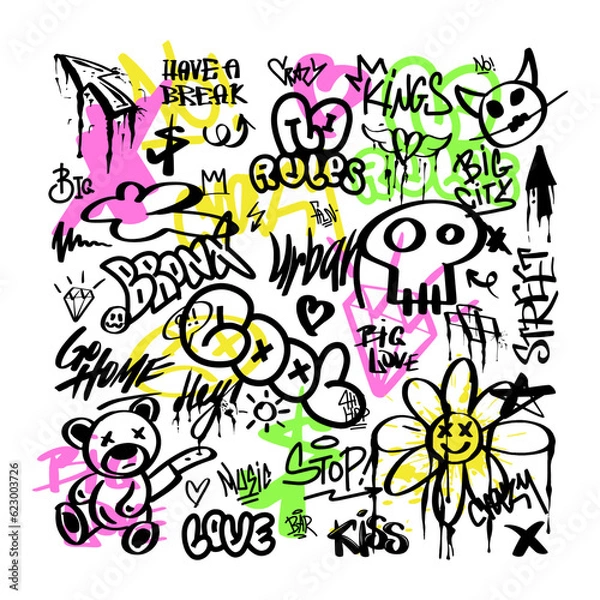 Fototapeta A set of modern graffiti for transferable temporary tattoos. Street art in the grunge style with lettering. Vector illustration for printing