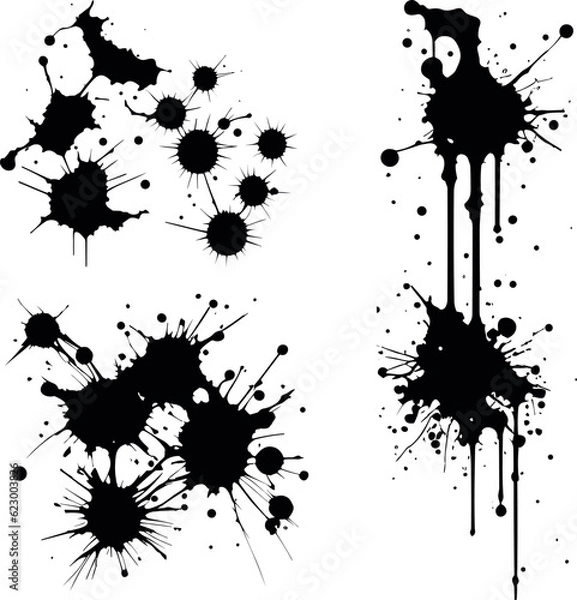 Fototapeta Abstract black ink splashes collection. Ink drops and splashes. Blotter spots, liquid paint drip drop splash and ink splatter. Artistic dirty grunge abstract spot vector set. Splat messy inkblot