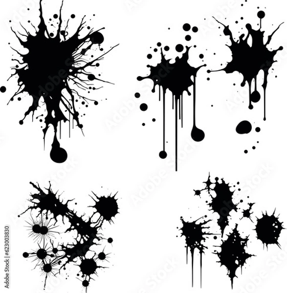 Fototapeta Abstract black ink splashes collection. Ink drops and splashes. Blotter spots, liquid paint drip drop splash and ink splatter. Artistic dirty grunge abstract spot vector set. Splat messy inkblot