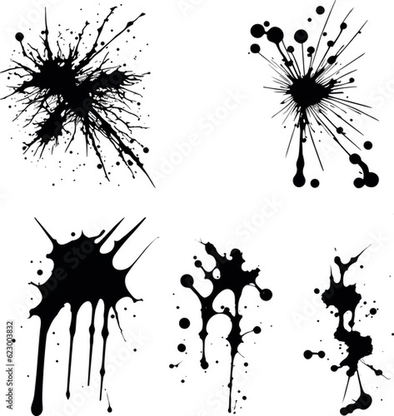 Fototapeta Abstract black ink splashes collection. Ink drops and splashes. Blotter spots, liquid paint drip drop splash and ink splatter. Artistic dirty grunge abstract spot vector set. Splat messy inkblot