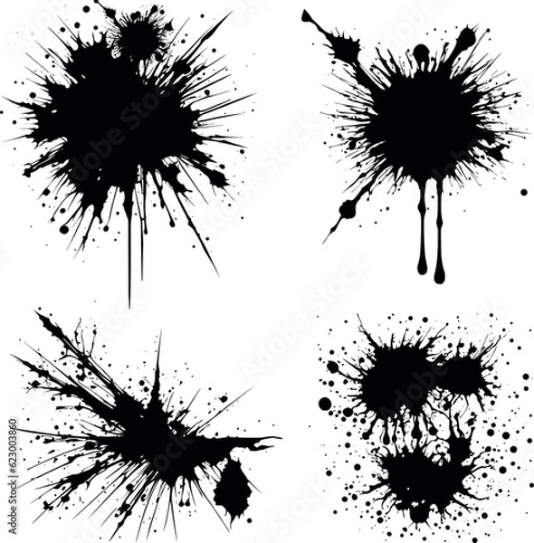 Fototapeta Abstract black ink splashes collection. Ink drops and splashes. Blotter spots, liquid paint drip drop splash and ink splatter. Artistic dirty grunge abstract spot vector set. Splat messy inkblot