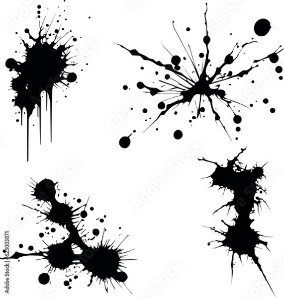 Fototapeta Abstract black ink splashes collection. Ink drops and splashes. Blotter spots, liquid paint drip drop splash and ink splatter. Artistic dirty grunge abstract spot vector set. Splat messy inkblot