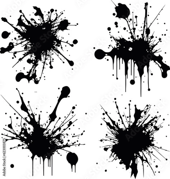 Fototapeta Abstract black ink splashes collection. Ink drops and splashes. Blotter spots, liquid paint drip drop splash and ink splatter. Artistic dirty grunge abstract spot vector set. Splat messy inkblot