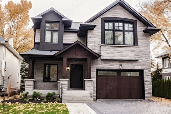 Obraz Cutting-edge Features in Prestigious New Home with Light Purple Siding and Natural Stone Cladding, Includes Single Car Garage, generative AI