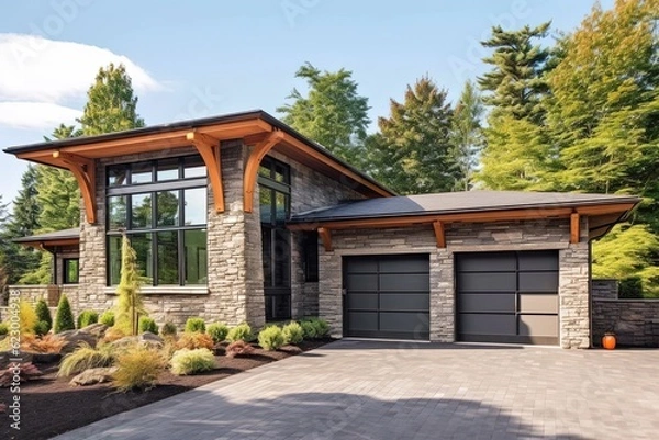 Fototapeta Stylish Sophisticated New Build Property with Three-Car Garage, Coral Siding, and Natural Stone Walls, generative AI