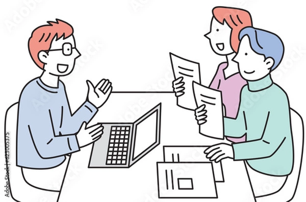 Fototapeta 若い夫婦に書類を渡して説明する私服の男性