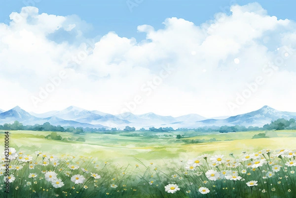 Obraz Generative AI a field with flowers created in a minimalist watercolor style
