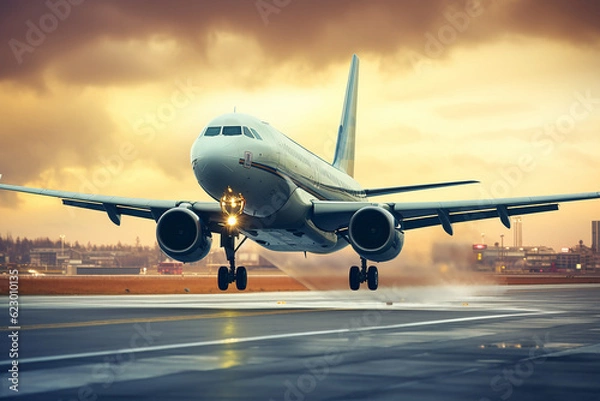 Fototapeta Generative AI a plane that takes off at sunset