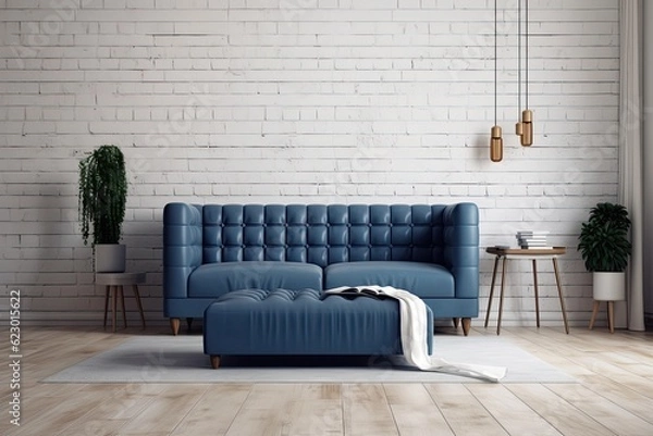 Fototapeta a living area with a blue leather couch, oak floors, and a white brick wall. Generative AI