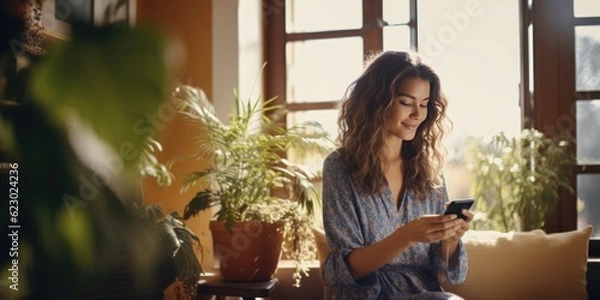 Fototapeta Happy beautiful woman checking social media holding smartphone sitting on a sofa at home. Smiling young woman using mobile phone app playing game, shopping online, ordering delivery, generative ai