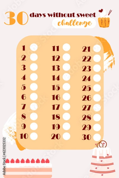 Fototapeta No sugar challenge 30 days.Self care checklist.Checklist vector illustration.Healthy habits tracker blank.