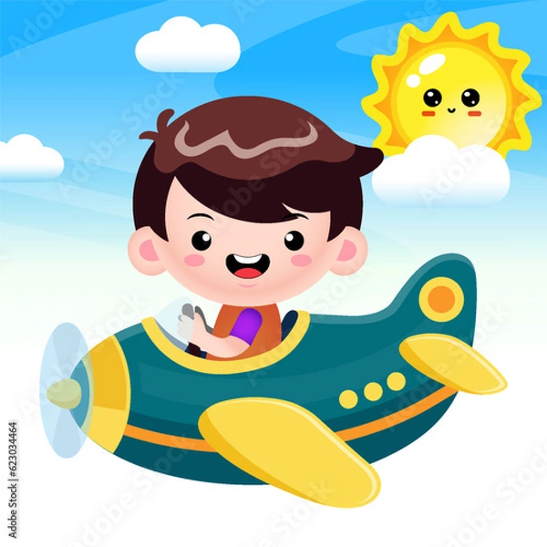 Obraz Cartoon Cute boy Flying In Airplane