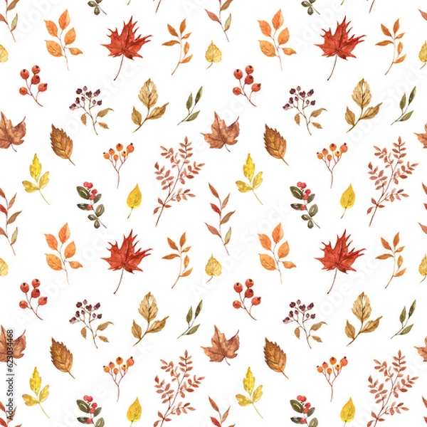 Fototapeta Fall tree foliage seamless pattern with white background. Watercolor botanical print. Hand-painted orange, brown, and yellow autumn leaves.