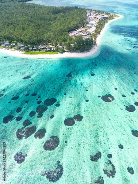 Fototapeta Incredible view of the ocean in Mauritius. Picture taken from drone