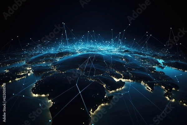 Fototapeta A globe of a planet surrounded by neural neon nexus lines, grid and nodes. Creative concept of technological progress, the World Wide Web banner. Generative AI 3d render illustration imitation.