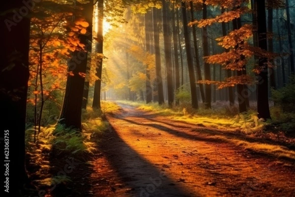 Fototapeta autumn forest nature Bright morning in a colorful forest with sunlight shining through the branches of trees. natural scenery with sunlight