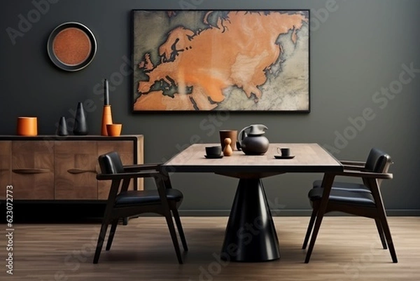 Fototapeta interior design, Modern composition of dining room interior with design wooden table, stylish chairs, decoration. created generative ai.
