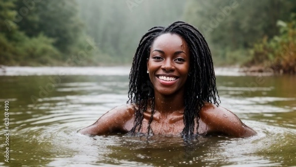Fototapeta Portrait of beautiful erotic smiling wet black skin woman in the water in the rain. Generative AI