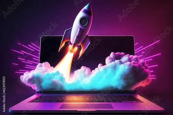 Fototapeta Rocket taking off open laptop. Generative ai design.