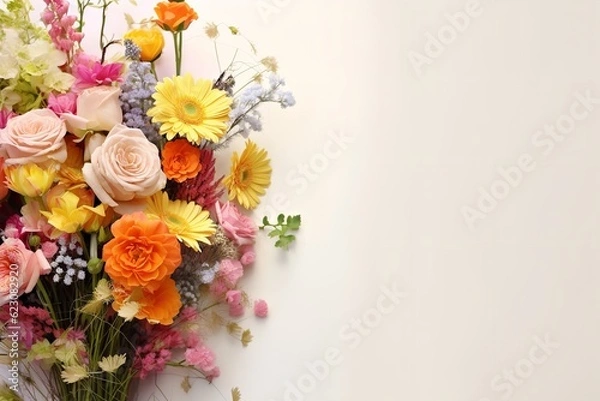 Fototapeta bouquet of wedding flowers on white background with space for text