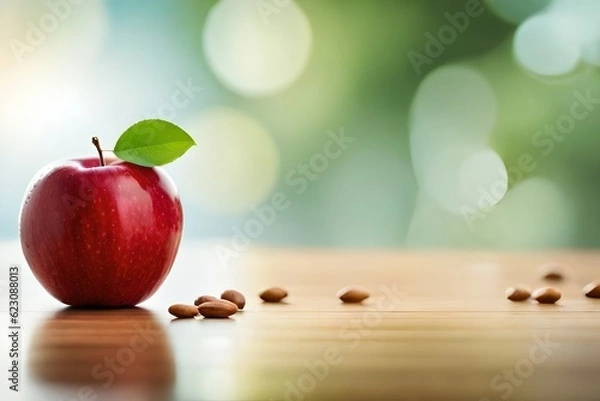 Obraz Juicy red apple with a leaf on a table in front of a green background with some seeds or nuts lying beside