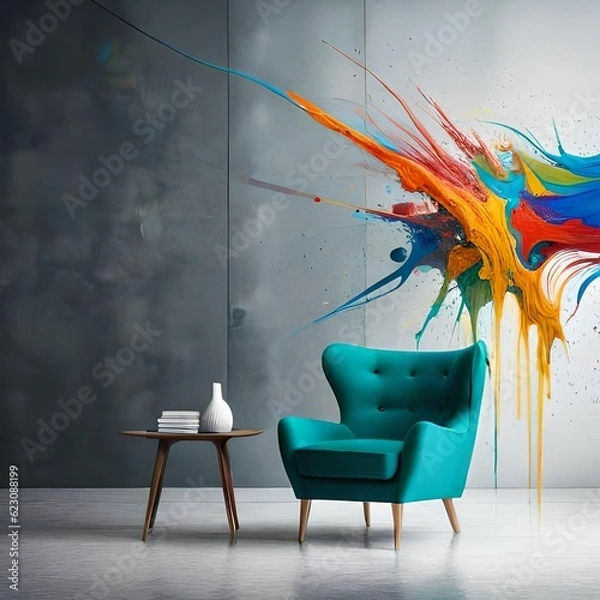 Obraz splash of paint on a wall behind a table and chair