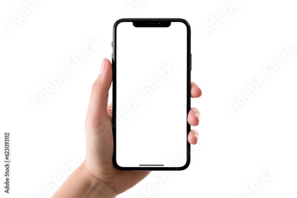 Obraz Woman hand holding a mobile phone. Smartphone mockup with transparent screen and cutout PNG background. Generative AI