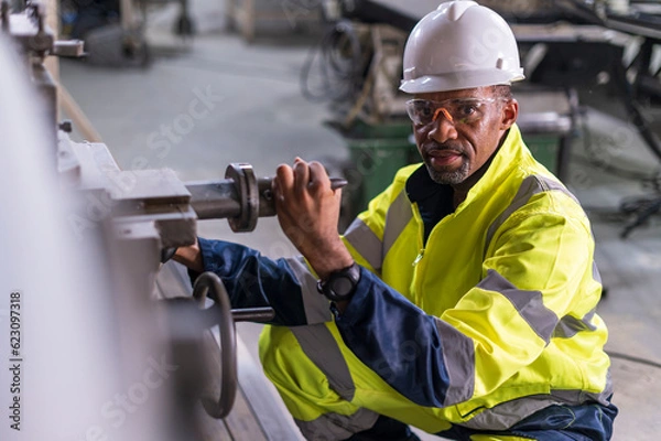 Fototapeta African worker Engineer working with cnc lathe machine for quality of product in factory with confident