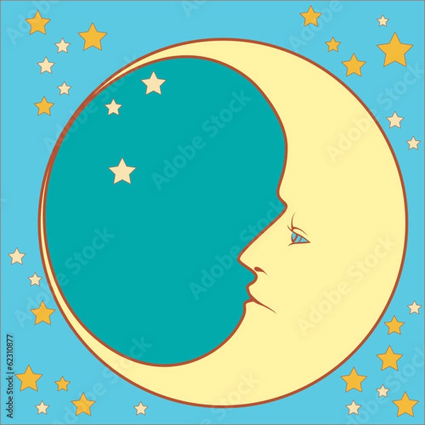 Fototapeta crescent moon in profile with stars  in squared