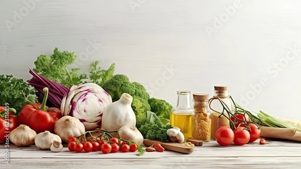 Fototapeta Fresh vegetables on a white wooden background. Selective focus. nature