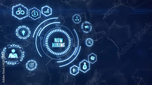 Fototapeta Internet, business, Technology and network concept. NOW HIRING inscription, modern technology business concept. 3d illustration