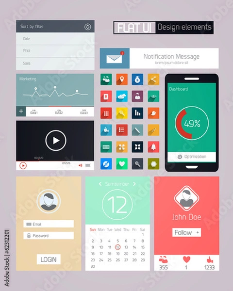Obraz UI elements for web and mobile.Icons and buttons.Flat design. Ve