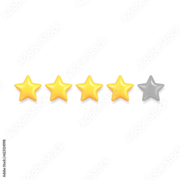 Obraz Five stars, glossy yellow and grey colors. Evaluation of reviews. Realistic 3d design of the object. For mobile and web applications. Stock Vector illustration.