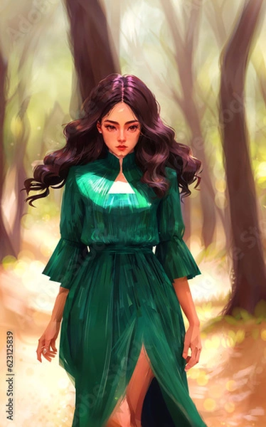 Fototapeta digital painting illustration of young woman in the forest jungle, generative AI