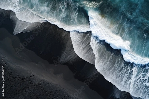 Fototapeta Black sand near blue clear water beach, travel destination aerial view, wallpaper. Generative Ai.