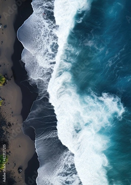 Fototapeta Black sand near blue clear water beach, travel destination aerial view, wallpaper. Generative Ai.
