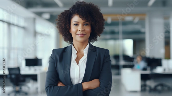 Fototapeta Portrait of middle aged African-American business woman in office setting, 40-45 years old office worker wearing a gray suit, confident professional, ceo, photo created with generative AI