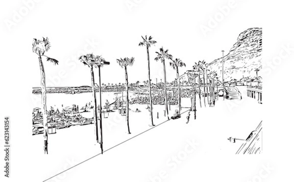 Fototapeta Building view with landmark of Puerto Rico de Gran Canaria is a holiday resort Spanish island in Gran Canaria. Hand drawn sketch illustration in vector.